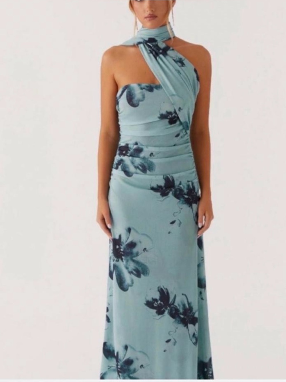 Peppermayo Aqua Floral One-Shoulder Maxi Dress